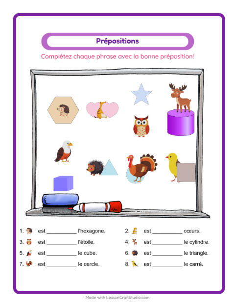 Aperçu de la fiche Prépositions avec Créatures de la forêt pour École maternelle (grande section, 5-7 ans)