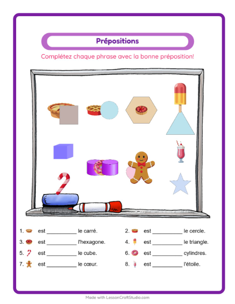 Aperçu de la fiche Prépositions avec Desserts et sucreries pour École maternelle (grande section, 5-7 ans)