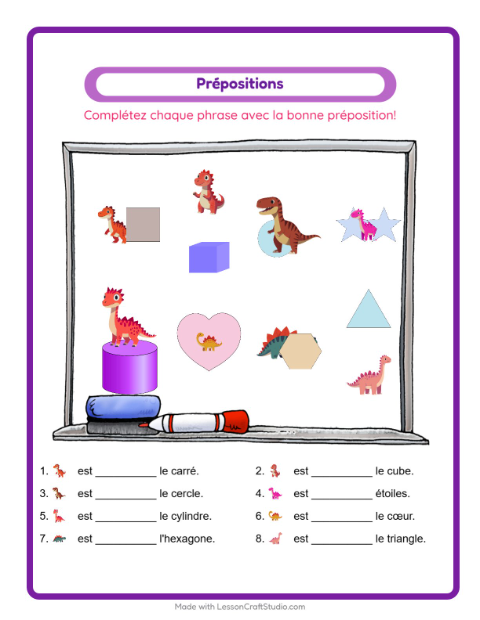 Aperçu de la fiche Prépositions avec Dinosaures pour École maternelle (grande section, 5-7 ans)
