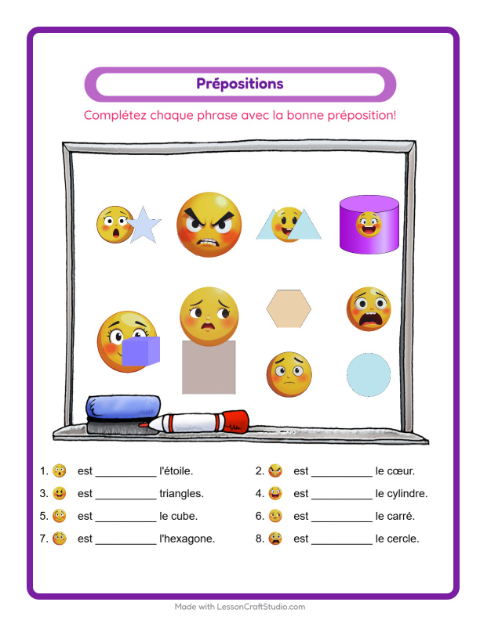 Aperçu de la fiche Prépositions avec Émotions pour École maternelle (grande section, 5-7 ans)