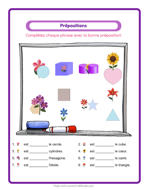 Aperçu de la fiche Prépositions avec Fleurs pour École maternelle (grande section, 5-7 ans)