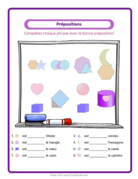 Aperçu de la fiche Prépositions avec Formes pour École maternelle (grande section, 5-7 ans)
