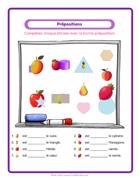 Aperçu de la fiche Prépositions avec Fruits pour École maternelle (grande section, 5-7 ans)