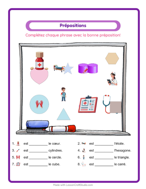 Aperçu de la fiche Prépositions avec Hôpital pour École maternelle (grande section, 5-7 ans)