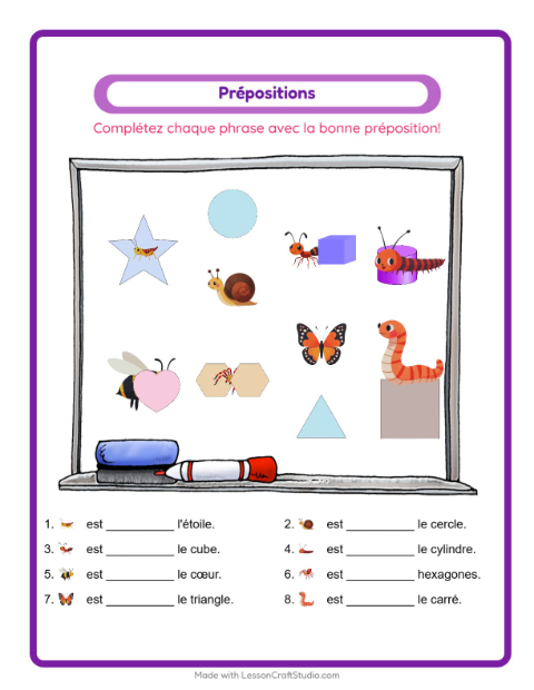 Aperçu de la fiche Prépositions avec Insectes et bestioles pour École maternelle (grande section, 5-7 ans)