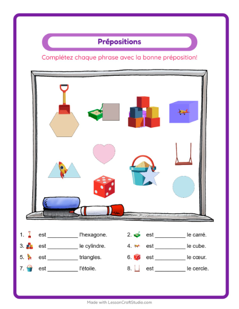 Aperçu de la fiche Prépositions avec Jouets pour École maternelle (grande section, 5-7 ans)