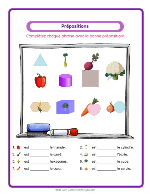 Aperçu de la fiche Prépositions avec Légumes pour École maternelle (grande section, 5-7 ans)