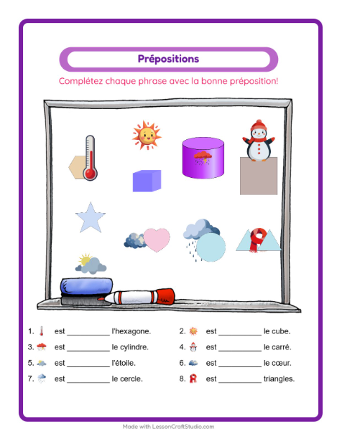 Aperçu de la fiche Prépositions avec Météo pour École maternelle (grande section, 5-7 ans)