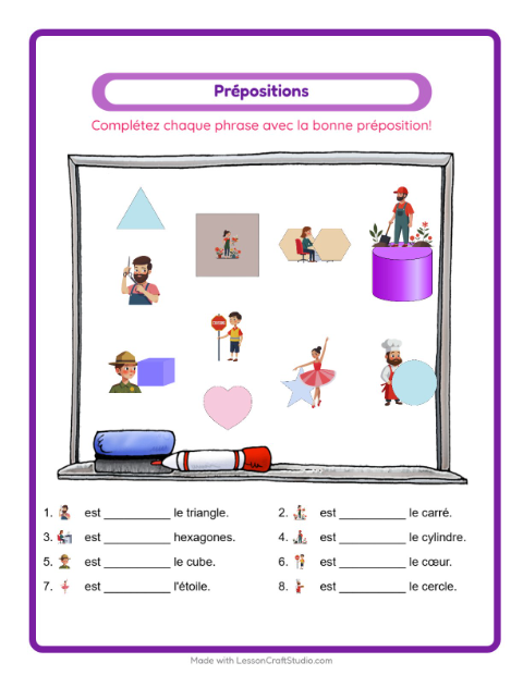 Aperçu de la fiche Prépositions avec Métiers pour École maternelle (grande section, 5-7 ans)