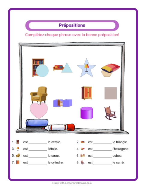 Aperçu de la fiche Prépositions avec Meubles pour École maternelle (grande section, 5-7 ans)