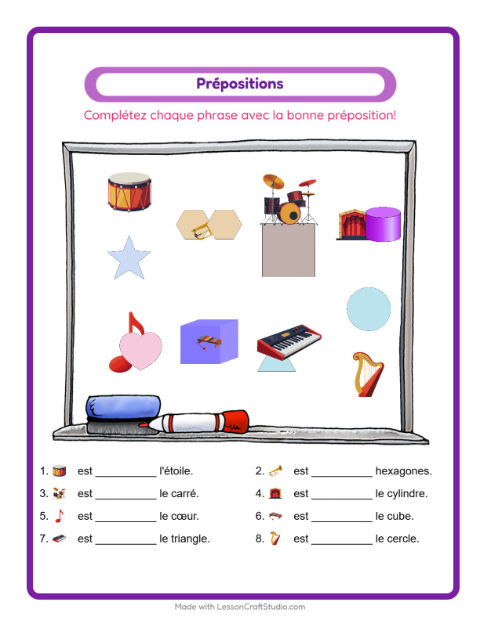 Aperçu de la fiche Prépositions avec Musique pour École maternelle (grande section, 5-7 ans)
