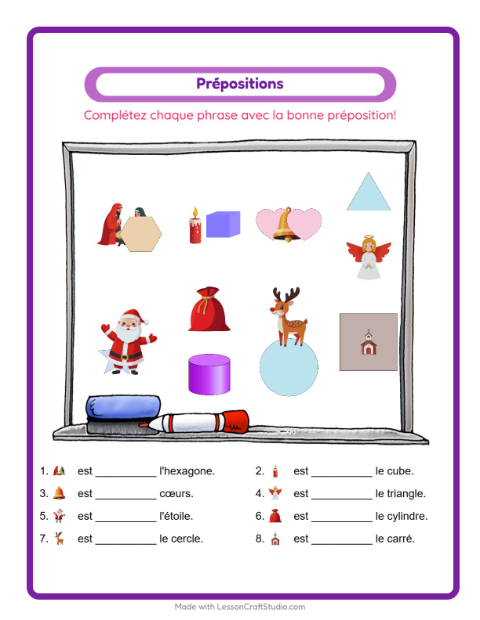 Aperçu de la fiche Prépositions avec Noël pour École maternelle (grande section, 5-7 ans)