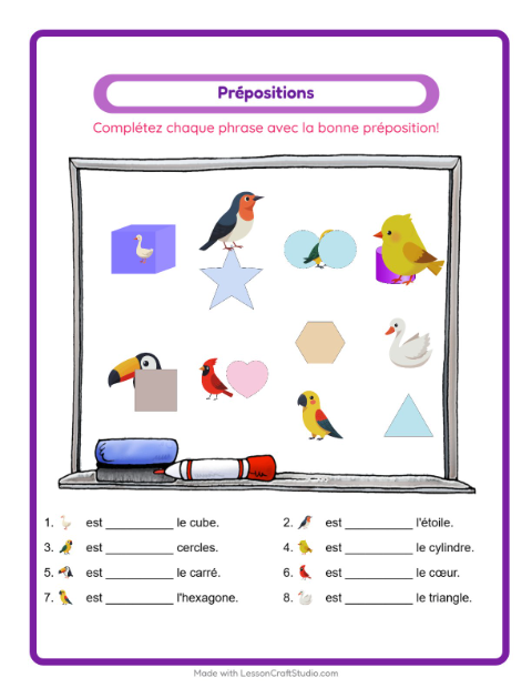 Aperçu de la fiche Prépositions avec Oiseaux 2 pour École maternelle (grande section, 5-7 ans)