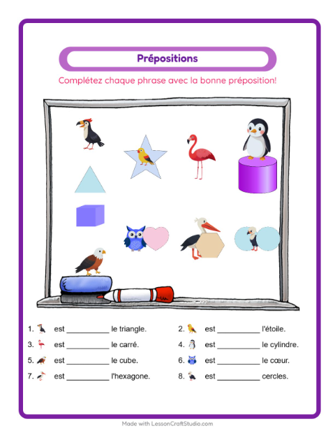 Aperçu de la fiche Prépositions avec Oiseaux pour École maternelle (grande section, 5-7 ans)