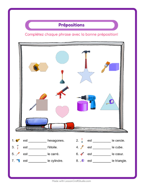 Aperçu de la fiche Prépositions avec Outils pour École maternelle (grande section, 5-7 ans)