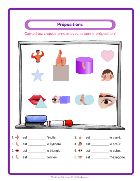 Aperçu de la fiche Prépositions avec Parties du corps pour École maternelle (grande section, 5-7 ans)