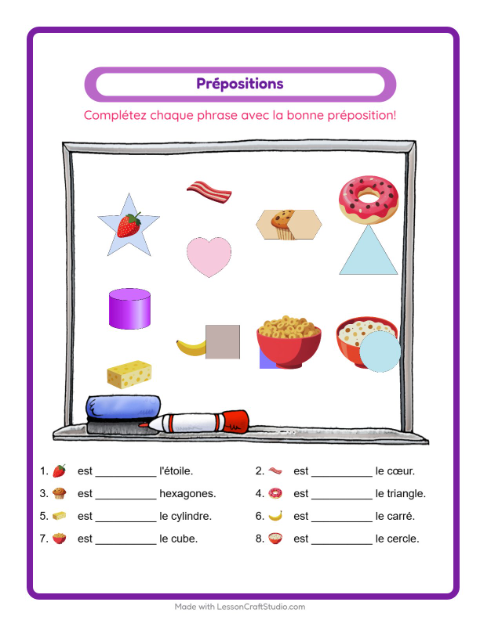 Aperçu de la fiche Prépositions avec Petit-déjeuner pour École maternelle (grande section, 5-7 ans)
