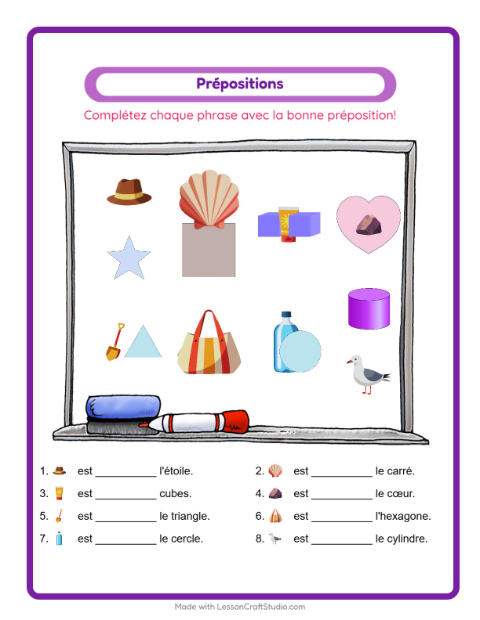Aperçu de la fiche Prépositions avec Plage pour École maternelle (grande section, 5-7 ans)