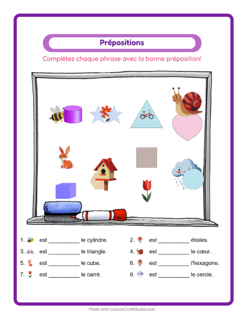 Aperçu de la fiche Prépositions avec Printemps pour École maternelle (grande section, 5-7 ans)
