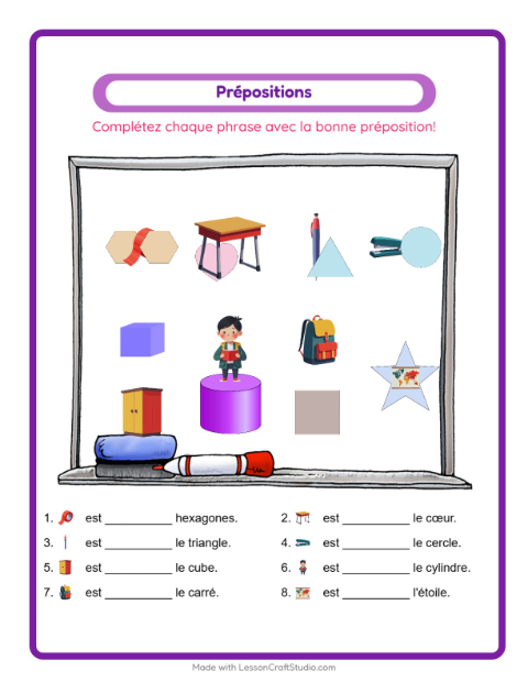 Aperçu de la fiche Prépositions avec Salle de classe pour École maternelle (grande section, 5-7 ans)