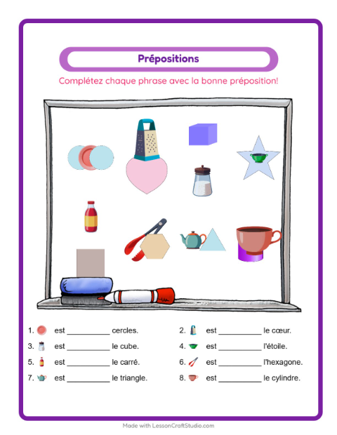 Aperçu de la fiche Prépositions avec Ustensiles de cuisine pour École maternelle (grande section, 5-7 ans)
