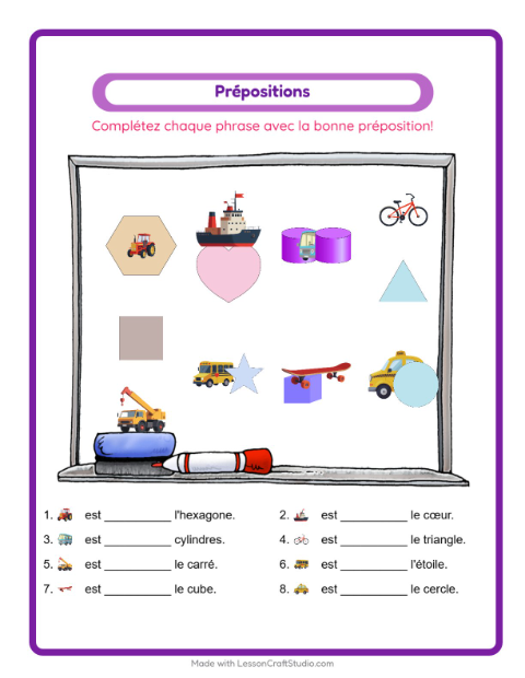 Aperçu de la fiche Prépositions avec Véhicules pour École maternelle (grande section, 5-7 ans)