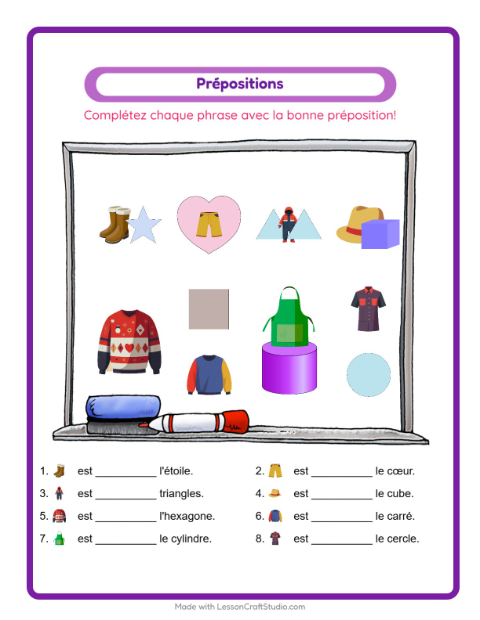 Aperçu de la fiche Prépositions avec Vêtements pour École maternelle (grande section, 5-7 ans)