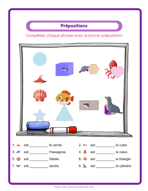 Aperçu de la fiche Prépositions avec Vie océanique pour École maternelle (grande section, 5-7 ans)
