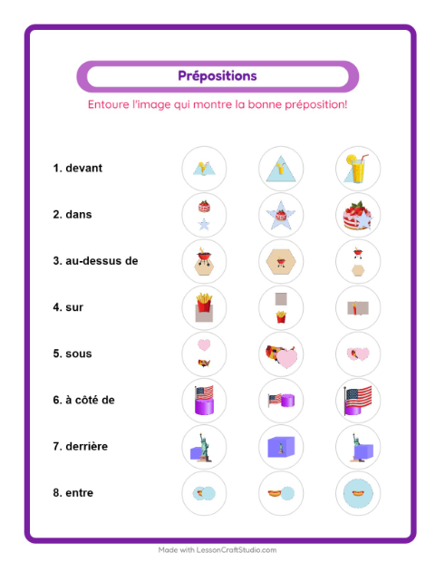 Aperçu de la fiche Prépositions avec 4 juillet pour École maternelle (grande section, 5-7 ans)