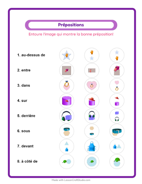 Aperçu de la fiche Prépositions avec Accessoires pour École maternelle (grande section, 5-7 ans)