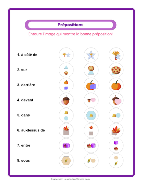 Aperçu de la fiche Prépositions avec Action de grâce pour École maternelle (grande section, 5-7 ans)