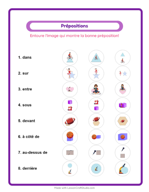 Aperçu de la fiche Prépositions avec Activités pour École maternelle (grande section, 5-7 ans)