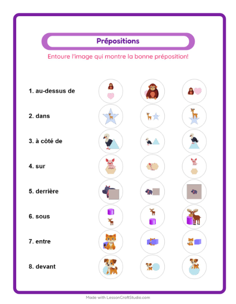 Aperçu de la fiche Prépositions avec Animaux pour École maternelle (grande section, 5-7 ans)