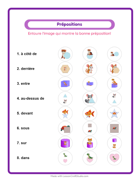 Aperçu de la fiche Prépositions avec Animaux de compagnie pour École maternelle (grande section, 5-7 ans)