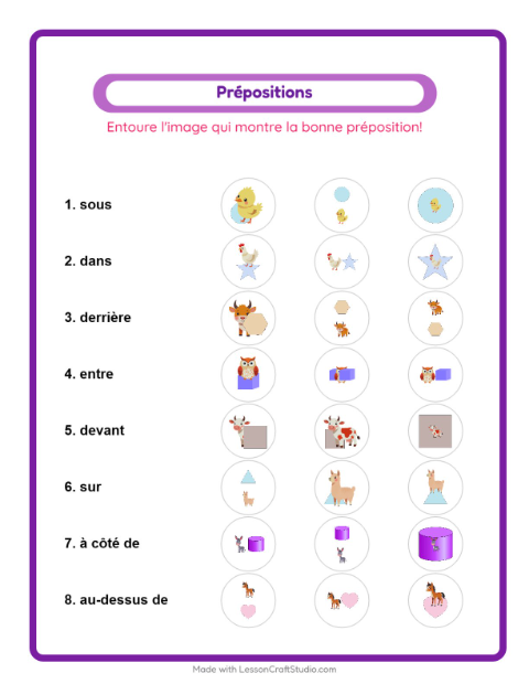 Aperçu de la fiche Prépositions avec Animaux de la ferme pour École maternelle (grande section, 5-7 ans)