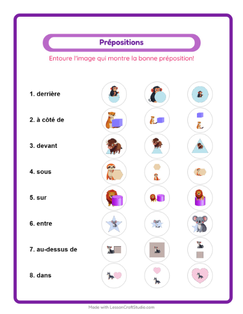 Aperçu de la fiche Prépositions avec Animaux du zoo pour École maternelle (grande section, 5-7 ans)