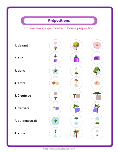 Aperçu de la fiche Prépositions avec Arbres pour École maternelle (grande section, 5-7 ans)