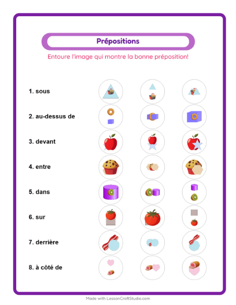 Aperçu de la fiche Prépositions avec Au supermarché pour École maternelle (grande section, 5-7 ans)