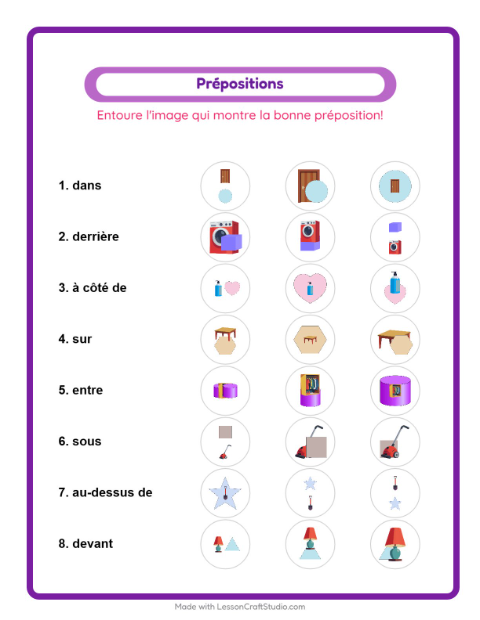 Aperçu de la fiche Prépositions avec Autour de la maison pour École maternelle (grande section, 5-7 ans)