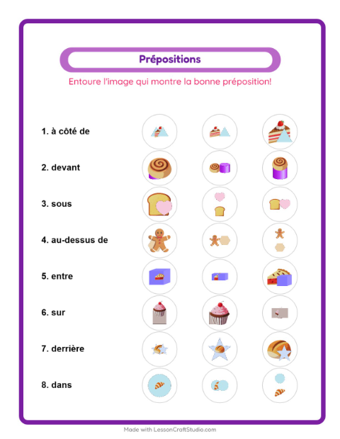 Aperçu de la fiche Prépositions avec Boulangerie pour École maternelle (grande section, 5-7 ans)