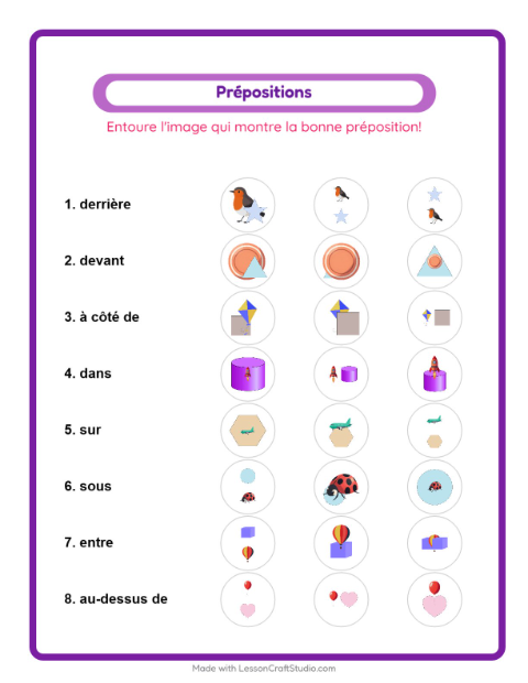 Aperçu de la fiche Prépositions avec Choses qui volent pour École maternelle (grande section, 5-7 ans)