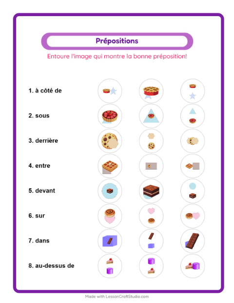 Aperçu de la fiche Prépositions avec Desserts et sucreries pour École maternelle (grande section, 5-7 ans)