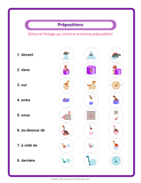Aperçu de la fiche Prépositions avec Dinosaures pour École maternelle (grande section, 5-7 ans)