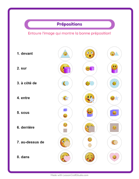 Aperçu de la fiche Prépositions avec Émotions pour École maternelle (grande section, 5-7 ans)