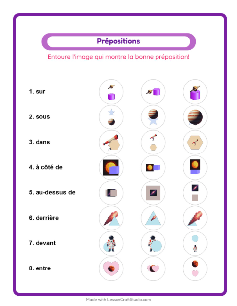 Aperçu de la fiche Prépositions avec Espace pour École maternelle (grande section, 5-7 ans)