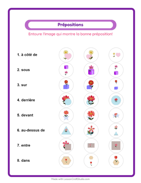 Aperçu de la fiche Prépositions avec Fleurs pour École maternelle (grande section, 5-7 ans)