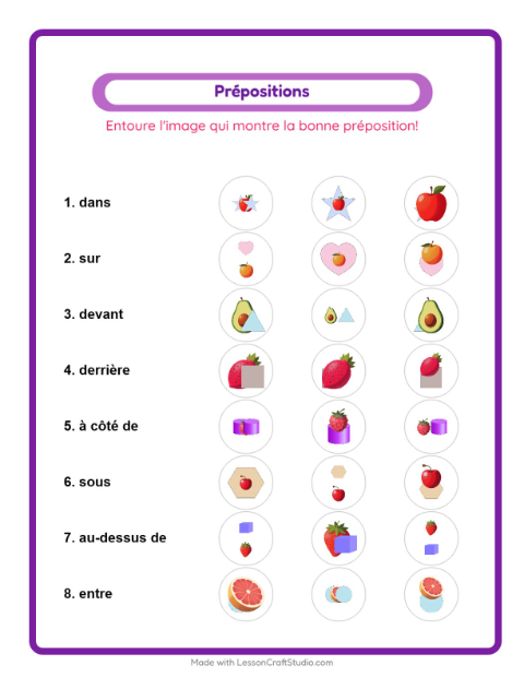 Aperçu de la fiche Prépositions avec Fruits pour École maternelle (grande section, 5-7 ans)