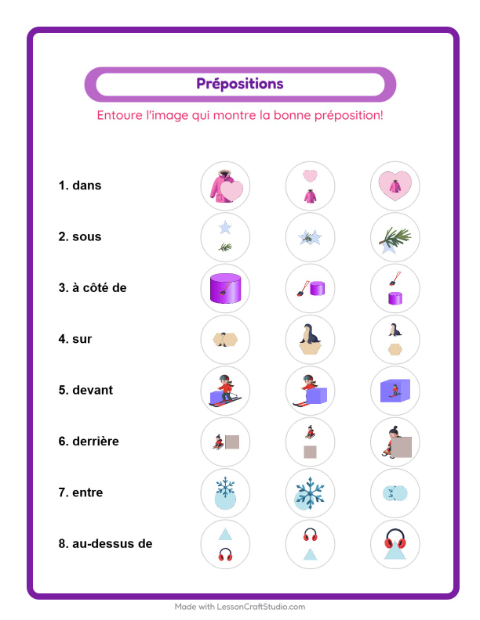 Aperçu de la fiche Prépositions avec Hiver pour École maternelle (grande section, 5-7 ans)