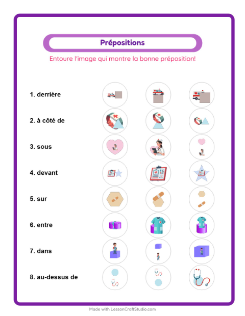 Aperçu de la fiche Prépositions avec Hôpital pour École maternelle (grande section, 5-7 ans)