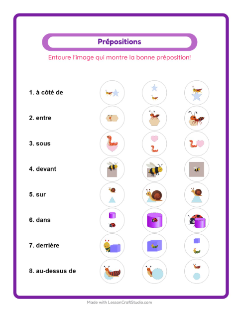 Aperçu de la fiche Prépositions avec Insectes et bestioles pour École maternelle (grande section, 5-7 ans)